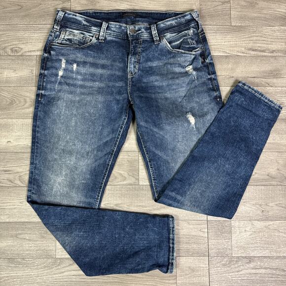 Silver Jeans Ripped Mid Rise Skinny Girlfriend Jeans Medium Wash sz 14 - Picture 1 of 8